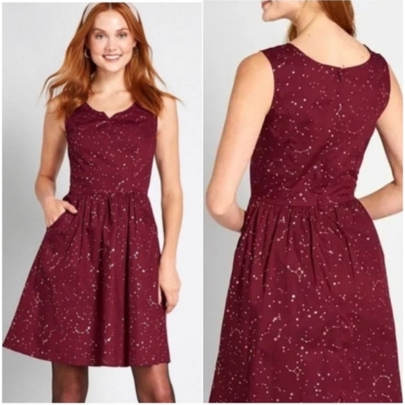 NWT ModCloth Gold Foil Maroon Solar System Constellation Sleeveless Dress 10 - Picture 5 of 16